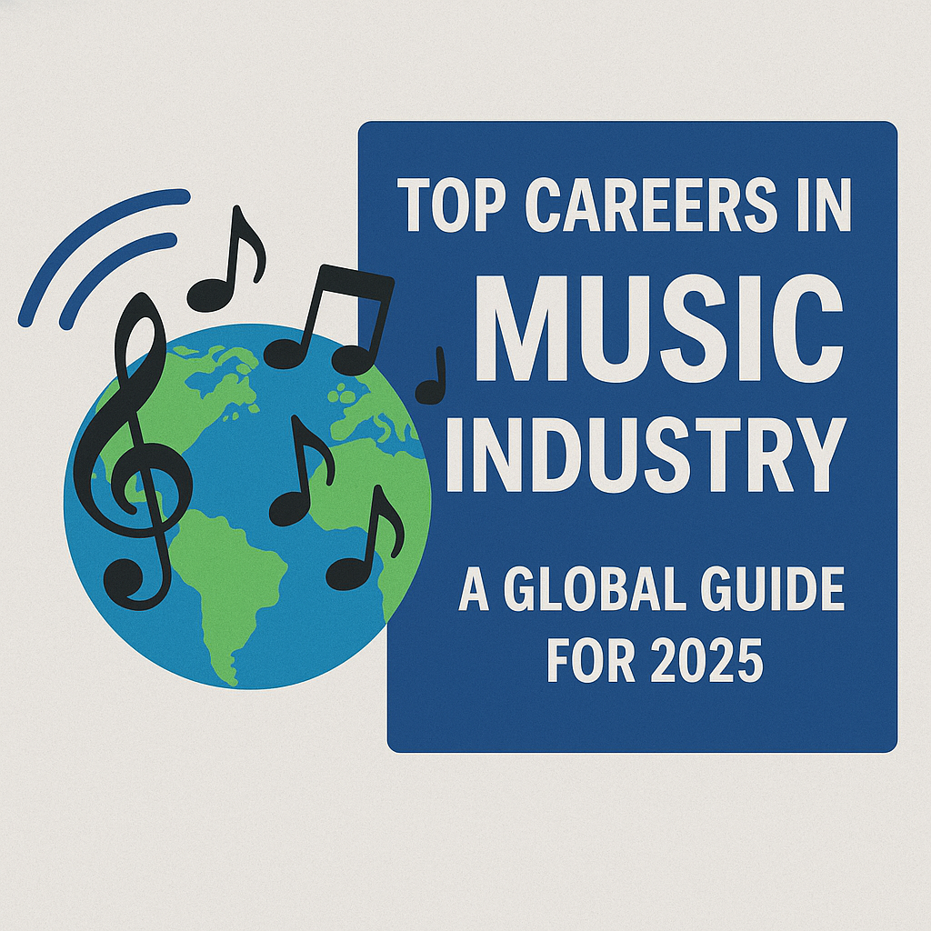 Global music industry careers 2025 — globe with musical icons and bold headline design