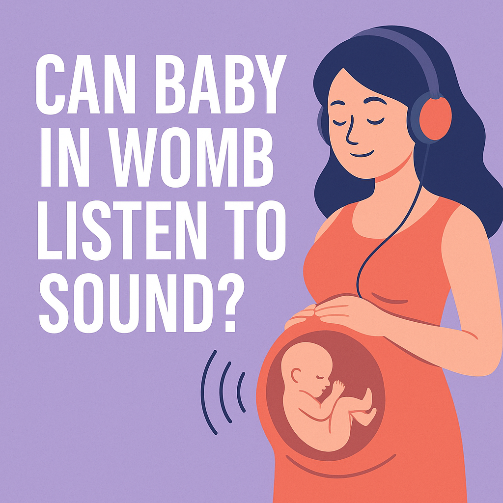 Illustration of a pregnant woman in orange dress with headphones, symbolizing unborn baby listening to music in the womb