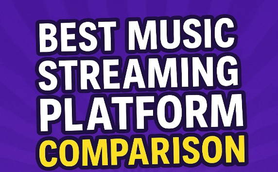 Graphic comparison of best music streaming platforms featuring logos of Spotify, Apple Music, YouTube Music, Amazon Music, Tidal, and Deezer on a vibrant purple background.