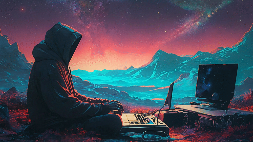 "AI music producer wearing a hooded jacket creates digital music in a futuristic landscape using a mixer and computer, under a colorful cosmic sky."