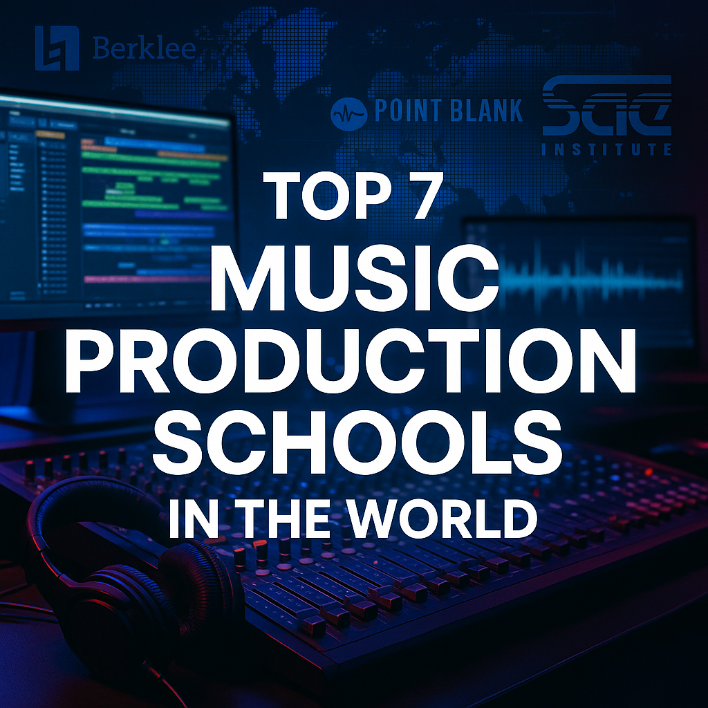 Modern music production studio setup with text overlay: “Top 7 Music Production Schools in the World”
