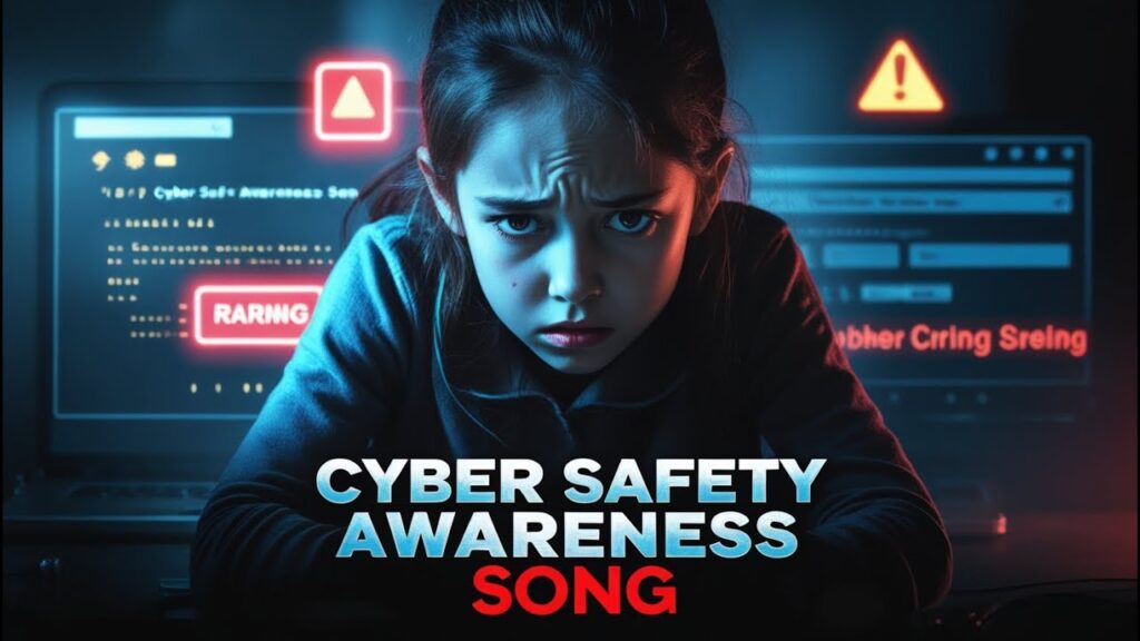 A young girl looking worried while using a computer with cyber attack warning signs on the screen, representing cyber safety awareness.